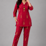 Maroon V Neck Printed Cord Set