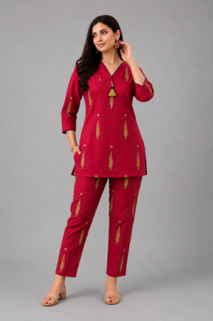 Maroon V Neck Printed Cord Set