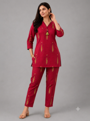 Maroon V Neck Printed Cord Set